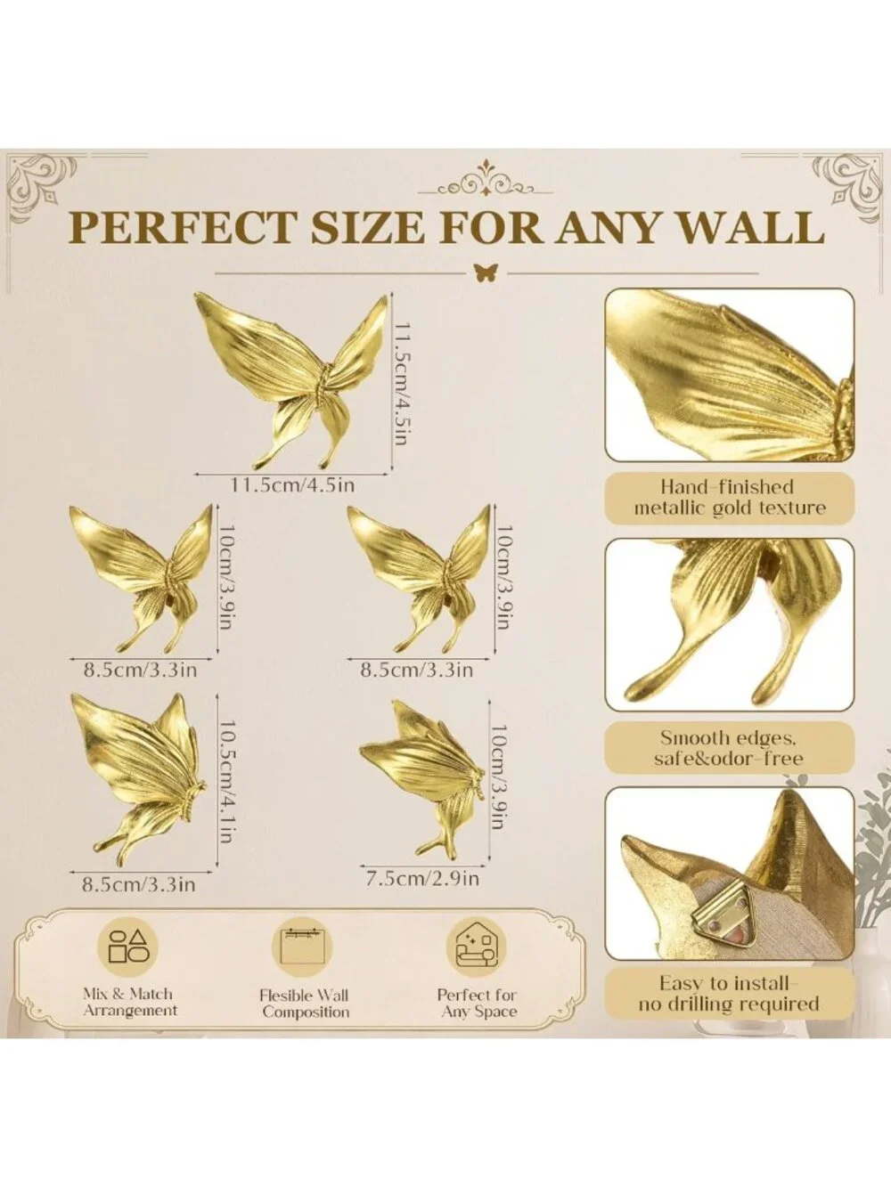 5 Pcs 3D Vintage Gold Butterfly Wall Art Decor for Home & Garden Decoration